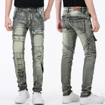 Новые ретро ностальгические прямые брюки-трубы, модные высококачественные сращивающиеся карманы для мотоциклистов с потертыми эластичными джинсами для мужчин 28