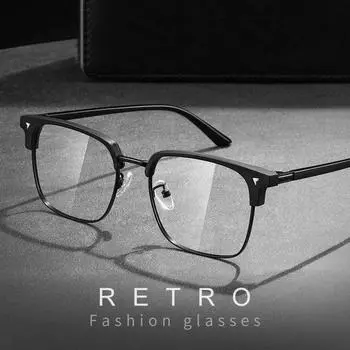Новые ретро-очки в металлической оправе для мужчин с квадратной полуоправой, анти-синий свет, классические плоские световые очки [Anti-blue light] 0-degree flat mirror матовый черный