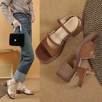 Новые ретро-сандалии из натуральной кожи для женщин на квадратном каблуке, офисная обувь на платформе с пряжкой 34 коричневый
