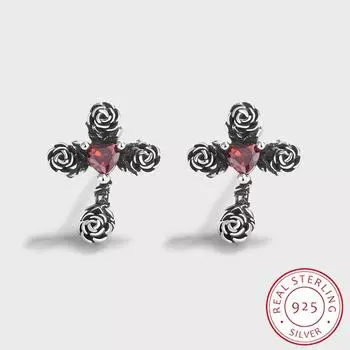 Новые ретро серьги-гвоздики с рубином и розой в виде креста для женщин, красные цветочные серьги с цирконом, оригинальные стерлингового серебра S925, подарок на годовщину, ювелирные изделия серебряный