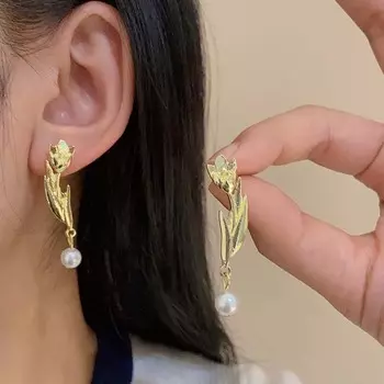 Новые ретро-серьги-тюльпаны с жемчугом, модные длинные серьги с жемчугом, женские праздничные ювелирные украшения, подарки как