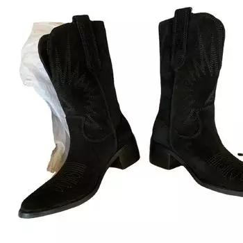 Новые ретро вышитые ковбойские сапоги в стиле вестерн женские длинные рыцарские сапоги толстый каблук, тонкий вид универсальные замшевые высокие сапоги 43