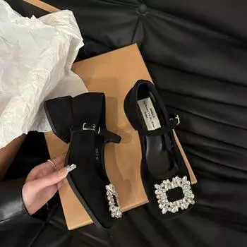 Новые ретро женские туфли-лодочки со стразами женские туфли на высоком каблуке толстые туфли Мэри Джейн с пряжкой на ремешке квадратная головка Zapatos Para Mujeres 35