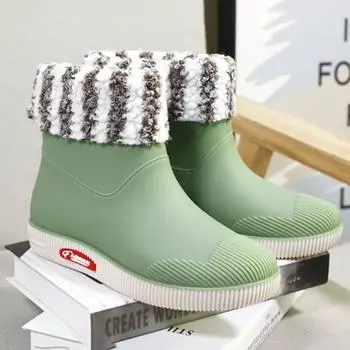 Новые резиновые сапоги для женщин и взрослых, короткие резиновые сапоги для воды, женские бархатные резиновые сапоги на все времена, водонепроницаемые, нескользящие, резиновые 36 зелёный