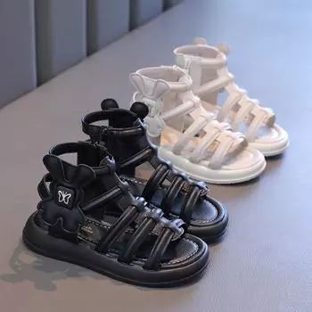 Новые римские сандалии для девочек, летние, новые детские однотонные сандалии с высоким берцем, модные повседневные детские школьные сандалии с вырезами, пляжные сандалии на молнии 27 чёрный