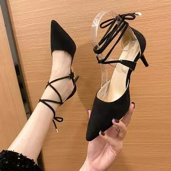 Новые римские сандалии с перекрестными ремешками, замшевые туфли на высоком каблуке, женские туфли, однорядные босоножки с пряжкой и тонким каблуком, заостренные носы, Zaptos Mujer 35