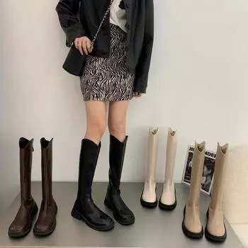 Новые роскошные ботинки челси, женские сапоги до колена, осенние женские туфли из искусственной кожи, высокие сапоги на низком каблуке, толстые ботинки без застежек для женщин 35 абрикосовый