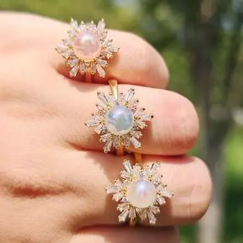Новые роскошные циркониевые снежинки открывающиеся регулируемые кольца для женщин модные искусственные жемчуга кольца ювелирные изделия аксессуары для рождественской вечеринки белый