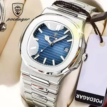 Новые роскошные деловые водонепроницаемые мужские часы POEDAGAR с подсветкой и датой из нержавеющей стали, квадратные кварцевые мужские часы Reloj Hombre белый