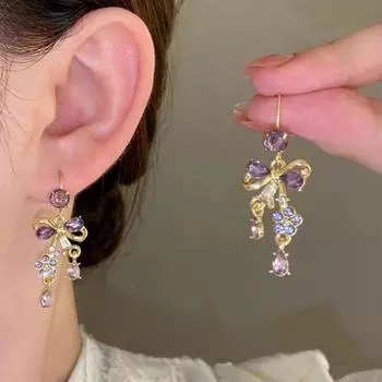 Новые роскошные изысканные женские серьги с кисточками и фиолетовым бантом с цирконием