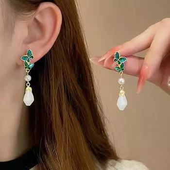 Новые роскошные изысканные женские серьги с зеленой глазурью и бабочкой, эмалью и жемчугом