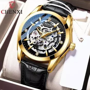 Новые роскошные мужские часы с коробкой, автоматические мужские кожаные ремешки, полые водонепроницаемые мужские механические часы