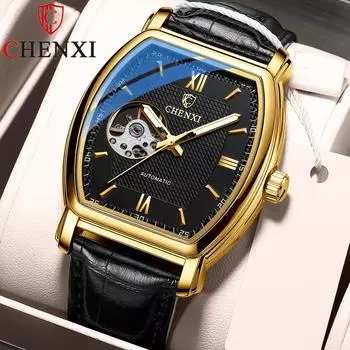 Новые роскошные мужские часы с коробкой, мужские автоматические модные квадратные полые часы, водонепроницаемые мужские механические часы