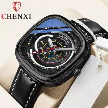 Новые роскошные мужские часы ТОП-бренда с коробкой, квадратные часы, мужские модные кожаные светящиеся мужские кварцевые часы