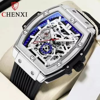 Новые роскошные мужские часы ТОП-бренда с коробкой, квадратные автоматические полые силиконовые часы с винной бочкой, водонепроницаемые мужские механические часы