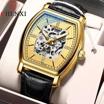 Новые роскошные мужские часы ТОП-бренда с коробкой, винная бочка, автоматические мужские кожаные полые светящиеся водонепроницаемые мужские механические часы