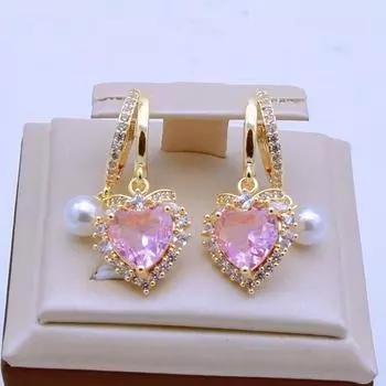 Новые роскошные серьги-капли в форме сердца с розовым цирконием для женщин, модные серьги с искусственным жемчугом, ювелирные изделия, свадебные аксессуары розовый