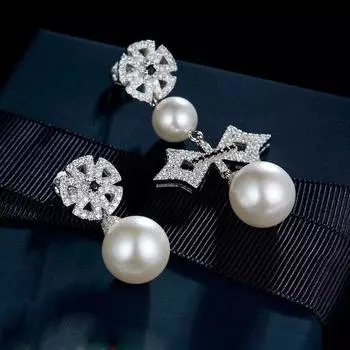 Новые роскошные серьги-подвески с микро-паве Aaa с кристаллами циркона и жемчугом, асимметричные серьги с бантом и цветком F для женщин