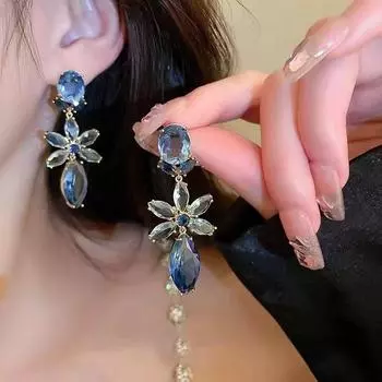Новые роскошные синие хрустальные серьги-подвески с цветком-капелькой, нежные элегантные модные женские свадебные украшения для помолвки