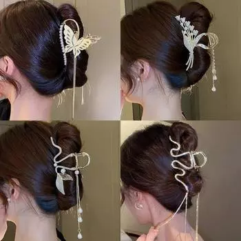 Новые роскошные заколки для волос с блестящими стразами и жемчугом, модные металлические кисточки-бабочки, заколки для волос, большие заколки для женщин, аксессуары для волос, ювелирные изделия небесно-голубой