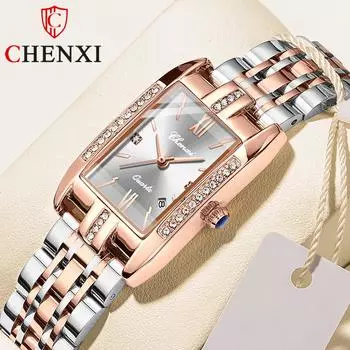 Новые роскошные женские часы с коробкой, квадратные часы с календарем, стальной ремешок, водонепроницаемые модные женские кварцевые часы красный