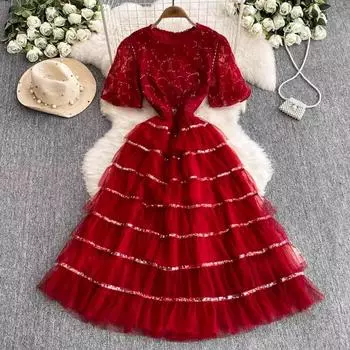 Новые роскошные женские модные элегантные кружевные вышитые О-образные вырезы с коротким рукавом, расшитые блестками, повседневные платья для вечеринок на день рождения S красный