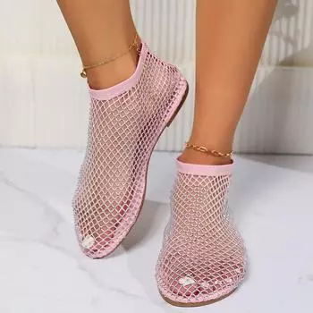 Новые роскошные женские сандалии с круглым носком и плоской подошвой, короткие полые сапоги, сексуальные тапочки на плоской подошве с бриллиантами, сандалии 36 красный