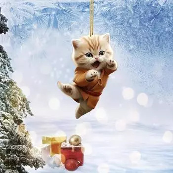 Новые рождественские креативные украшения в виде кота кунг-фу, праздничный декор для дома, акриловая плоская подвеска для подвешивания на автомобиль, украшение на рождественскую елку A-2