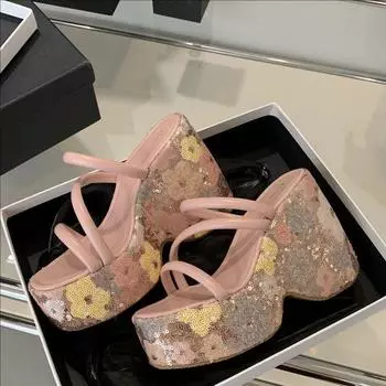 Новые розовые/черные блестящие пайетки с цветочным узором разноцветные женские туфли с открытым носком на платформе с танкеткой на высоком каблуке уличные тапочки сандалии 35