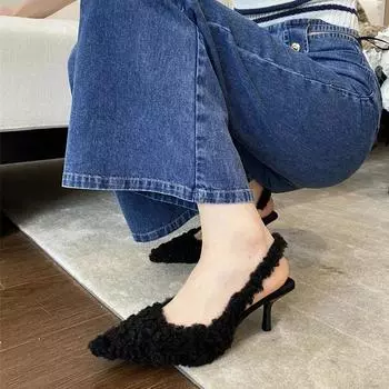 Новые розовые меховые сандалии с открытой пяткой, женские модные плюшевые туфли-лодочки без шнуровки с острым носком, женские элегантные вечерние туфли на каблуке 35 цвет морской волны