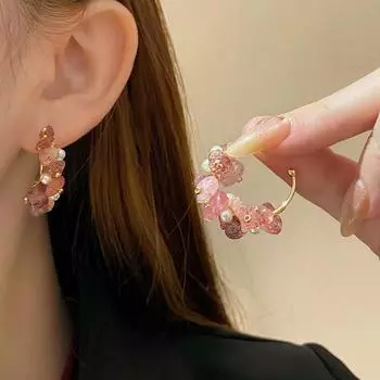 Новые розовые серьги в стиле французского ретро для девочек, романтические серьги C-образной формы с искусственным кристаллом и жемчугом