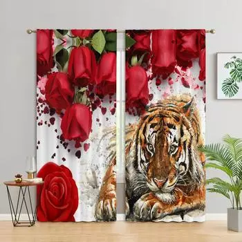 Новые розы, леопарда, тигра, дикого животного, узор, высокая затемняющая штора для спальни, гостиной, 2 панели, затемняющая штора, новые W55 X H120cm X 2&HOOK