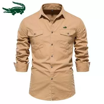 Новые рубашки европейского размера для весенне-осенних сезонов, мужские рубашки из чистого хлопка, повседневные модные деловые однотонные рубашки с длинными рукавами и вышивкой S чёрный