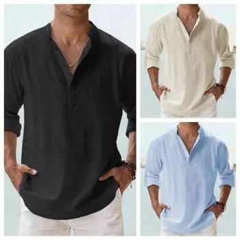 Новые рубашки из хлопка и льна для мужчин Повседневные рубашки Легкие рубашки с длинным рукавом Пляжные рубашки Henley Гавайские футболки для мужчин S джинсовый синий