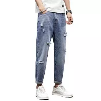 Новые рваные джинсы мужские летние модные облегающие брюки длиной девять точек мужские универсальные повседневные прямые брюки 27
