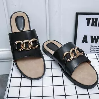 Новые сандалии мужские туфли PU однотонные модные повседневные пляжные бассейн повседневные классические однотонные тапочки с открытым носком и металлической цепочкой на плоской подошве CP171 38 чёрный