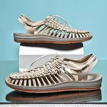 Новые сандалии, плетеная повседневная пляжная обувь, римские сандалии, уличная походная обувь с открытыми отверстиями большого размера 36 хаки