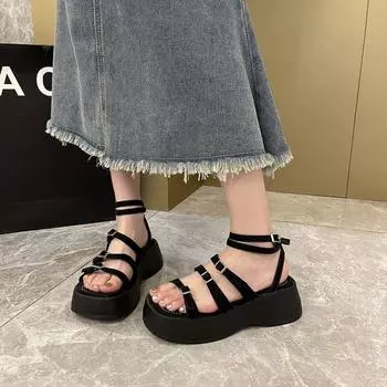 Новые сандалии с двойной пряжкой, женские, на танкетке, модные летние женские туфли, сандалии на платформе с открытым носком, повседневные черно-белые сандалии, размер 35-40 35 бежевый
