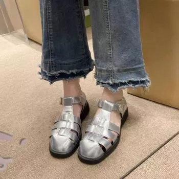 Новые сандалии с пряжкой и шнуровкой, женские полые пляжные сандалии, утолщенная подошва, плоская платформа 35