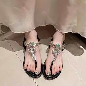 Новые сандалии со стразами на плоском носке, простые повседневные модные нескользящие женские сандалии, пляжная обувь 36