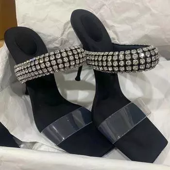 Новые сандалии со стразами, женские сандалии на шпильке, женские тапочки с открытым носком на высоком каблуке, женская обувь Sandalias De Las Mujeres 36
