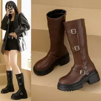Новые сапоги до колена, осенние туфли с пряжкой на поясе и массивным каблуком для женщин, женские сапоги для верховой езды, 35-40 35