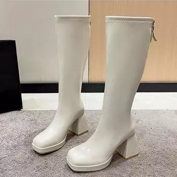 Новые сапоги до колена женские квадратные каблуки повседневные зимние длинные сапоги женские дизайнерские с круглым носком на молнии модные крутые рыцарские сапоги 35
