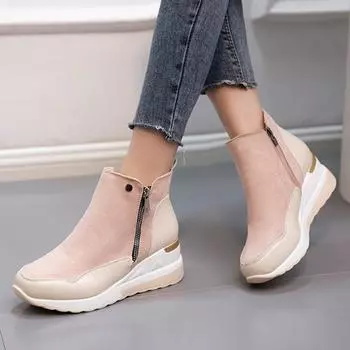 Новые сапоги модные осенне-зимние на молнии, однотонные на платформе, римские повседневные короткие ботильоны, женские туфли на танкетке Botines Mujer 35 чёрный