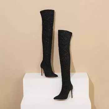 Новые сапоги на высоком каблуке, тонкие эластичные сапоги 2025, новые сексуальные остроносые 34 чёрный