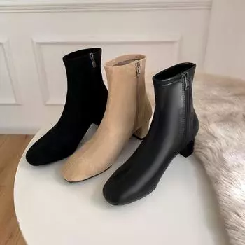 Новые сапоги с круглым носком, на толстом высоком каблуке, эластичные носки для внешней торговли, тонкие сапоги, женские короткие сапоги 34 бежевый