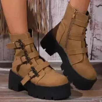 Новые сапоги с металлическим украшением в виде летучей мыши, женские короткие сапоги с толстой подошвой, готические туфли с пряжкой на ремне, на высоком каблуке, осенняя обувь, новинка 35 коричневый