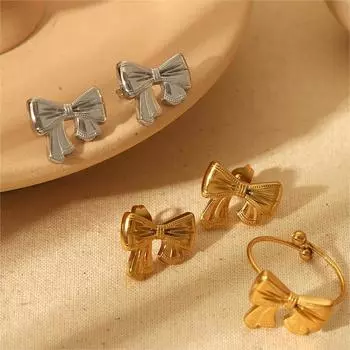 Новые серьги-бантики из 18-каратного золота, модные серьги-гвоздики из нержавеющей стали, комплект ювелирных изделий