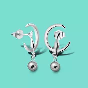 Новые серьги-гвоздики из 100% серебра 925 пробы, женские серьги с изображением луны, кота и колокольчика, серьги из твердого серебра, не вызывающие аллергии, ювелирные изделия для девочек