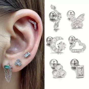 Новые серьги-гвоздики из нержавеющей стали с цирконием и облаком и Луной для женщин, серьги-гвоздики для пирсинга козелка, хряща, звезды, бабочки, украшения для пирсинга, 1 шт.